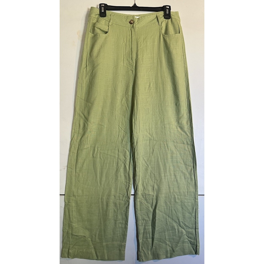 EMORY PARK WOMENS PANTS SIZE LARGE LINEN BLEND GREEN WIDE LEG HIGH RISE
